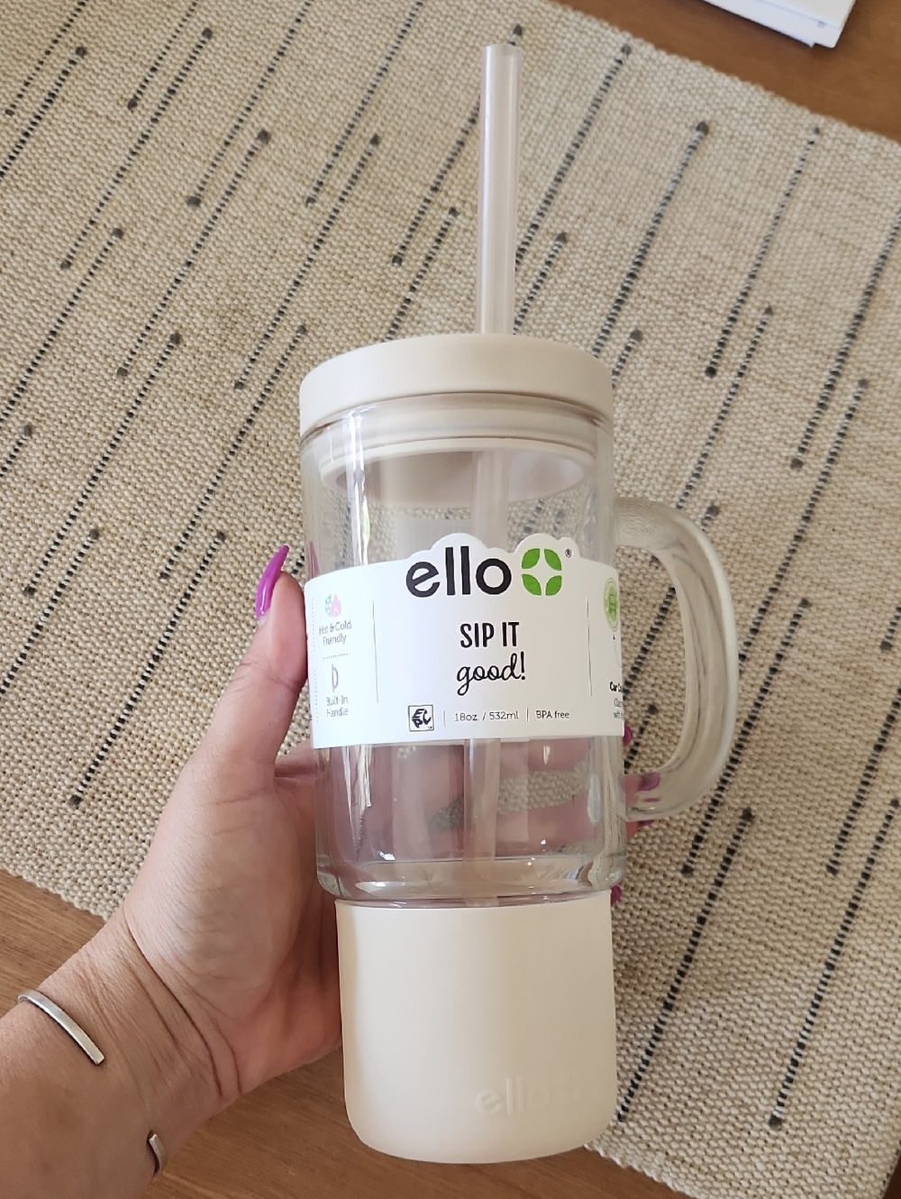 Ello Beige Insulated Glass Travel Mug with Straw